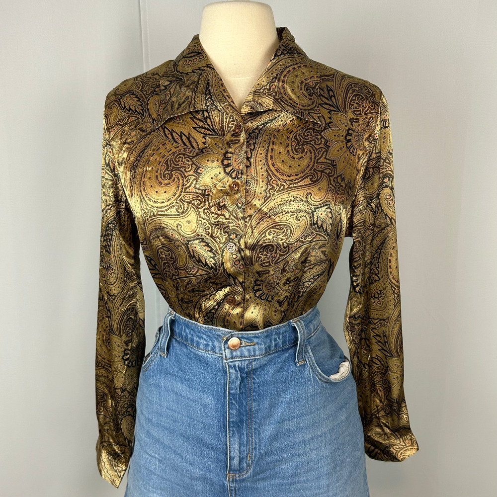 Vtg Blouse Top Size Medium Brown Paisley Silky Satin Academia Office Y2K 90s